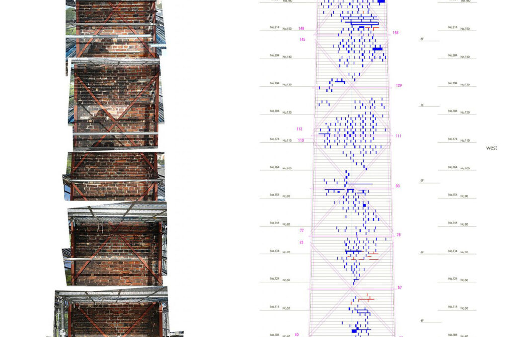 調査図をもとに煙突の亀裂位置を再現。