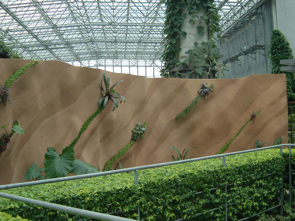 種子を混ぜ込んだ土壁の実験的仕上げ。左官技術と植物の生育を掛け合わせた新たな試みもおこないました。（左官：久住有生氏）