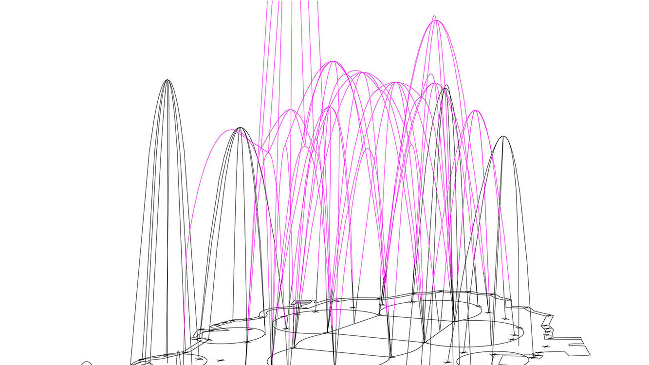 ガウディの未完の傑作「コロニア・グエル教会」の上部構造模型と図面を展示。展示のテーマを視覚的に理解してもらうための重要な要素です。