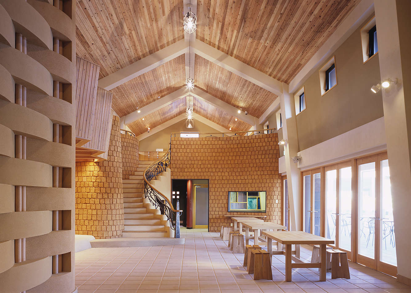 吹き抜けの大空間。土を生かした仕上げが内部全体を包む。