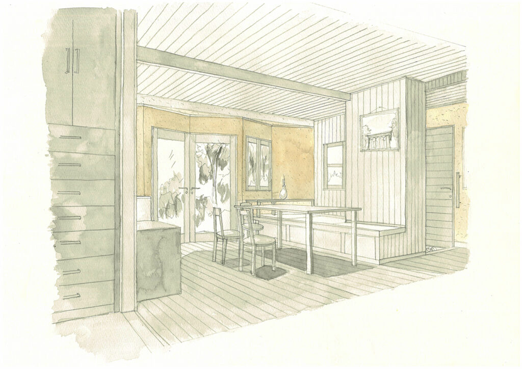 木と土の素朴な質感で構成した、家族の生活の中心となる開放的な空間。